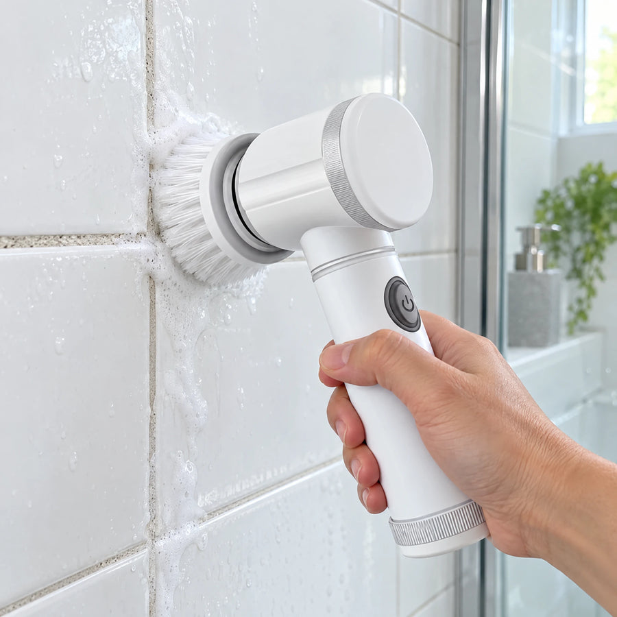 Cepillo eléctrico limpiando las juntas de los azulejos de la ducha